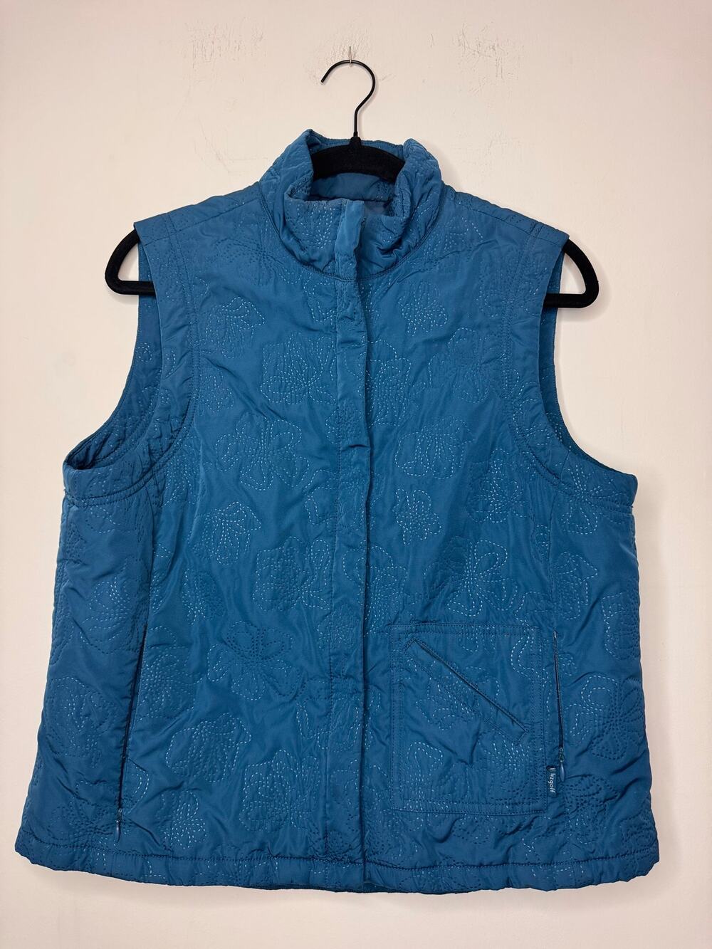 Liz Golf Women’s L Quilted Floral Teal Blue Vest Pockets Golf